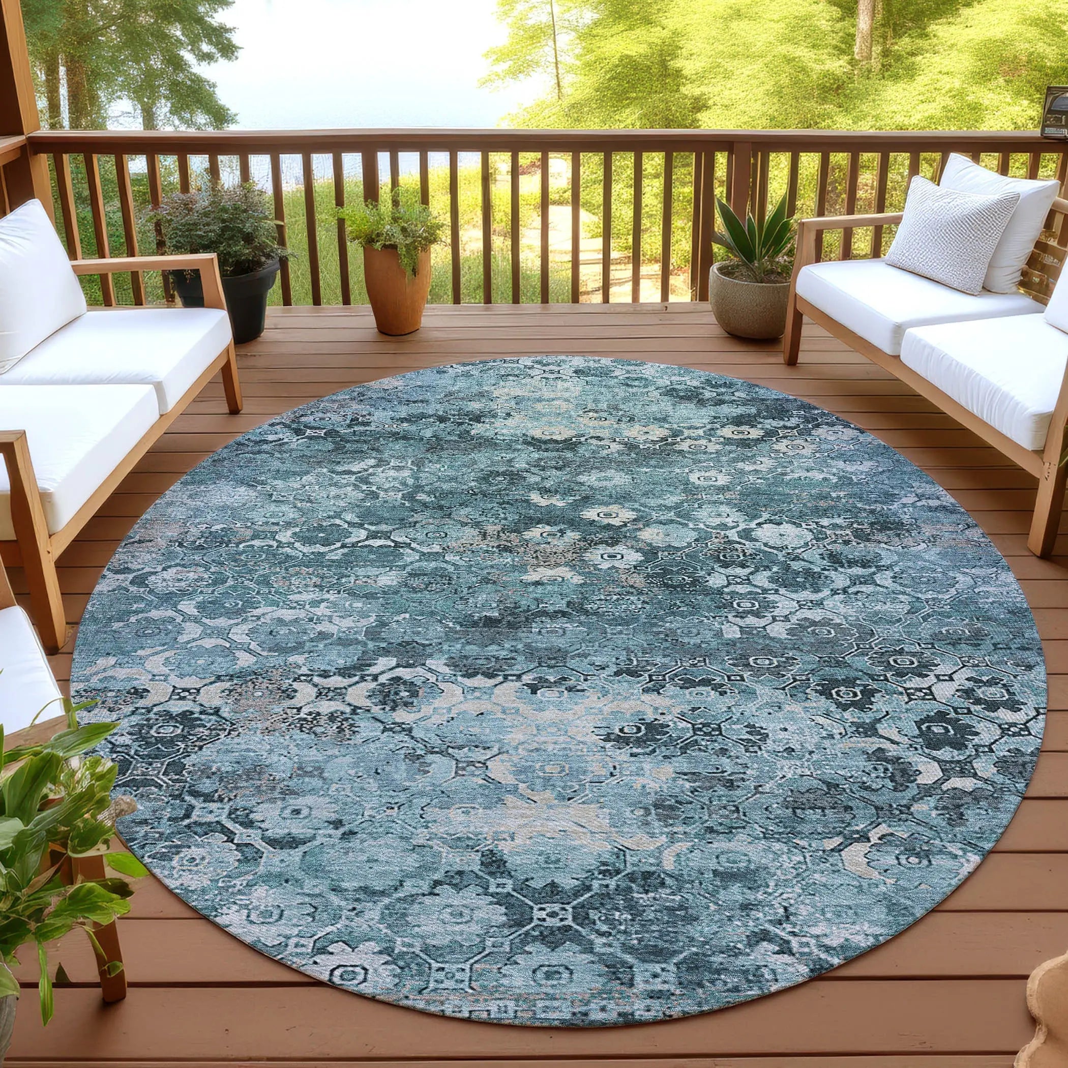 8' Teal Blue And Aqua Round Abstract Washable Indoor Outdoor Area Rug Homeroots Outdoor