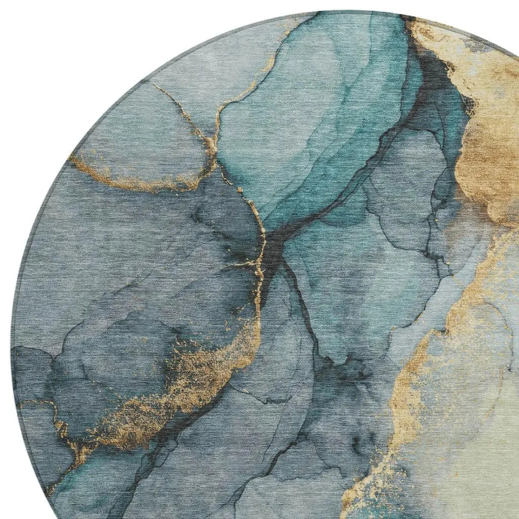 8' Teal Blue And Aqua Round Abstract Washable Indoor Outdoor Area Rug Homeroots Outdoor