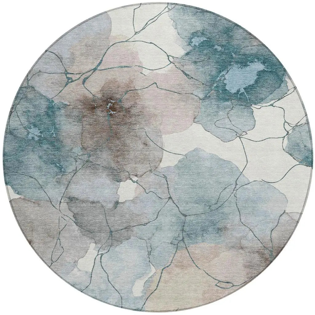 8' Teal Blue And Aqua Round Abstract Washable Indoor Outdoor Area Rug Homeroots Outdoor