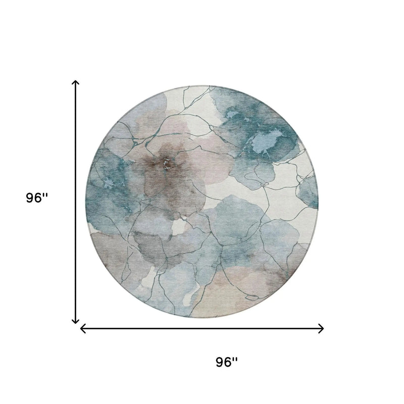 8' Teal Blue And Aqua Round Abstract Washable Indoor Outdoor Area Rug Homeroots Outdoor