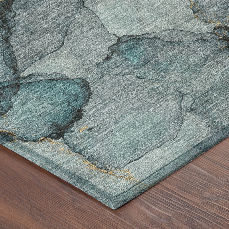 Elegant teal and gray abstract area rug with gold accents, perfect for modern decor.