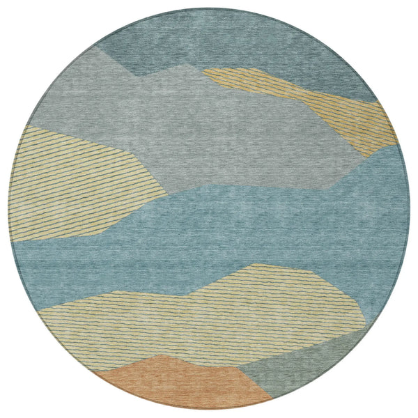 8' Teal Blue And Aqua Round Geometric Washable Indoor Outdoor Area Rug Homeroots Outdoor