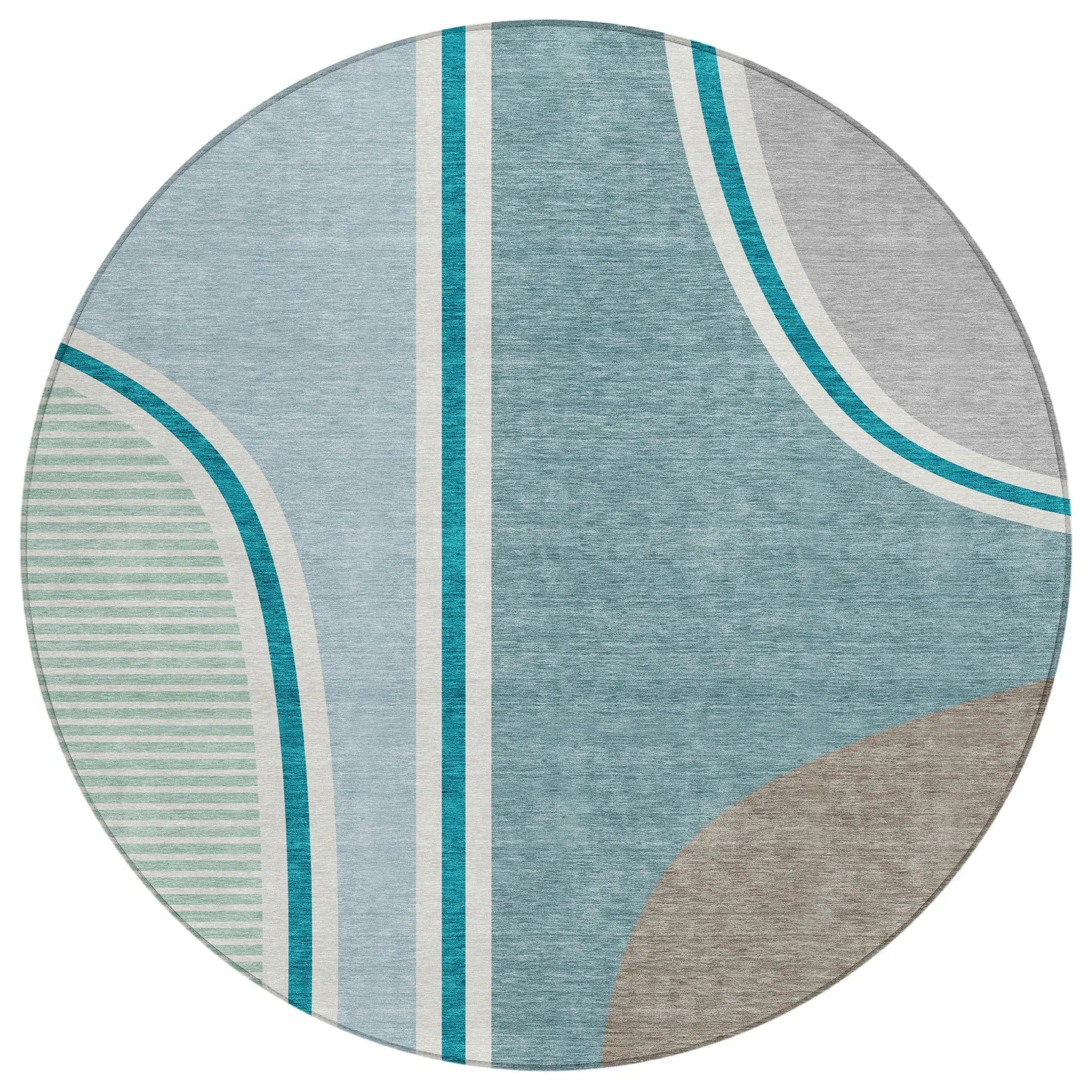 Round area rug in shades of teal, gray, and beige with abstract geometric patterns, perfect for modern decor.