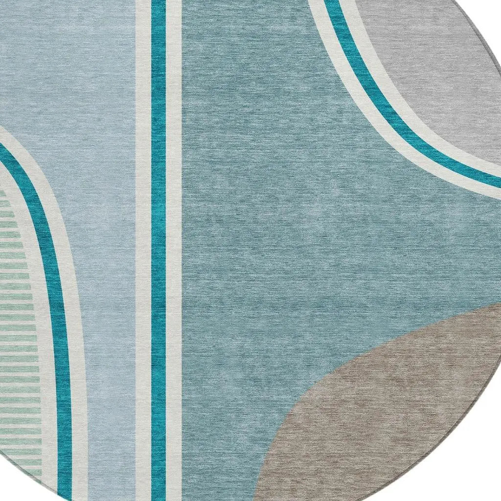 8' Teal Blue And Aqua Round Geometric Washable Indoor Outdoor Area Rug Homeroots Outdoor