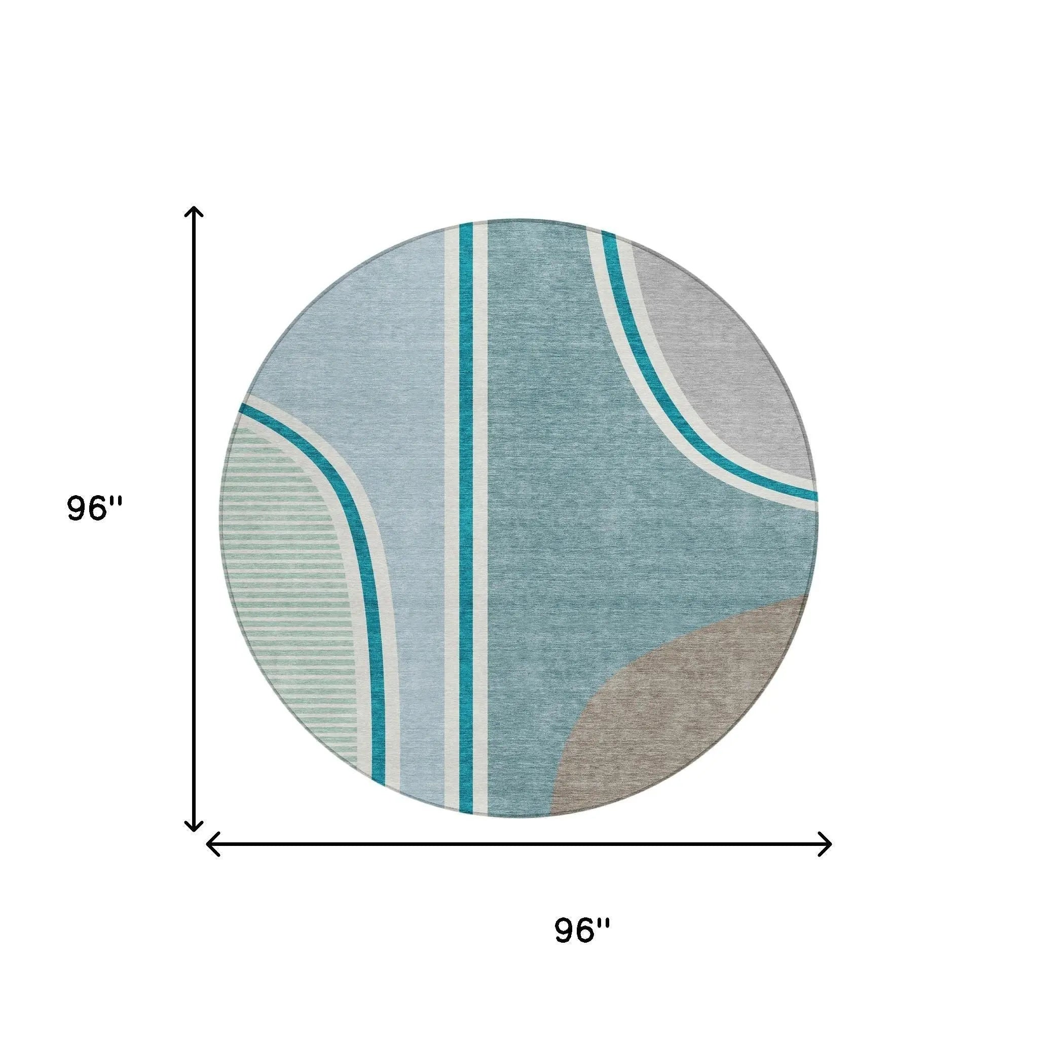 Round rug, 96", featuring soft blue tones and modern geometric patterns, crafted from durable synthetic fibers.