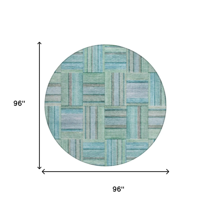 8' Teal Blue And Aqua Round Geometric Washable Indoor Outdoor Area Rug Homeroots Outdoor