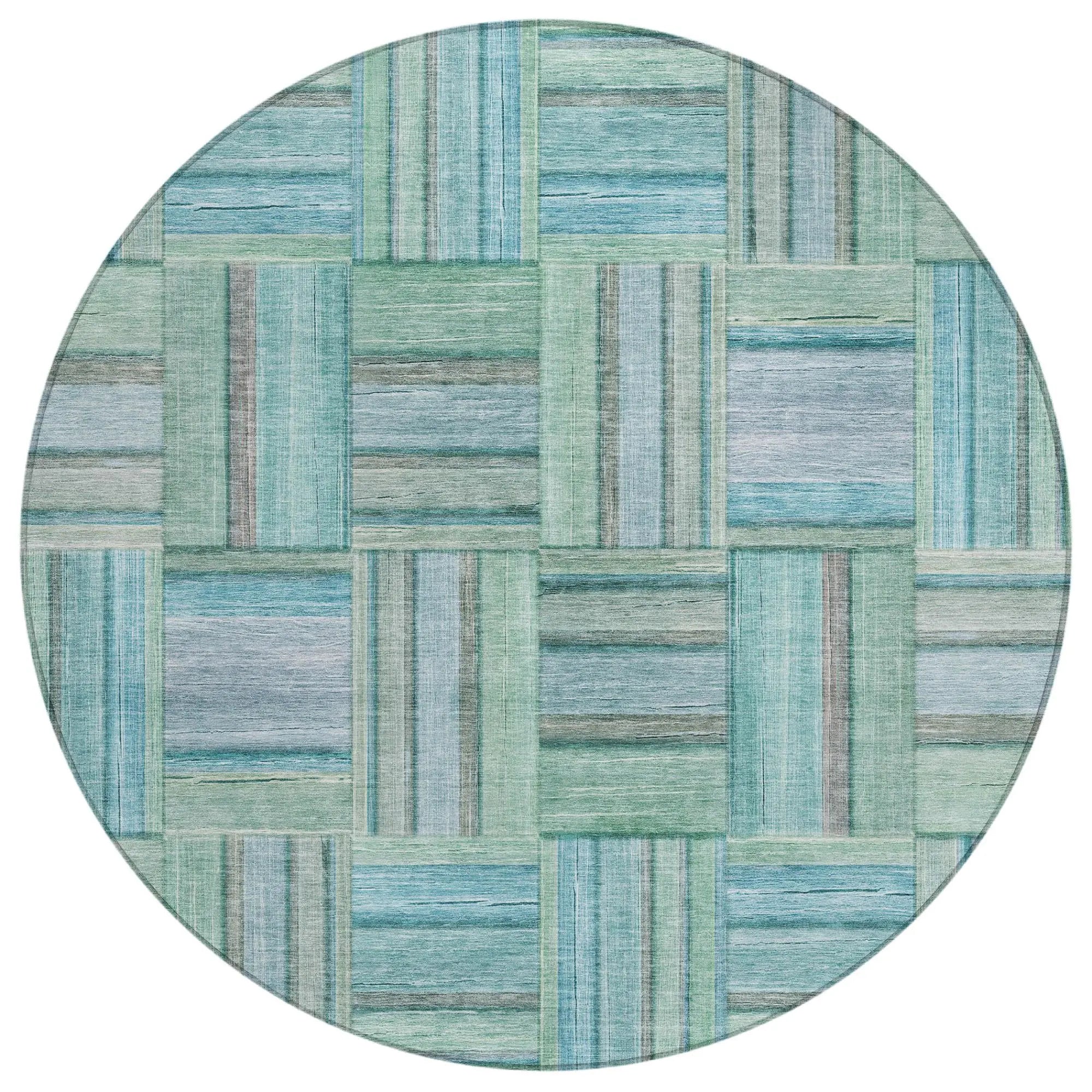 8' Teal Blue And Aqua Round Geometric Washable Indoor Outdoor Area Rug Homeroots Outdoor