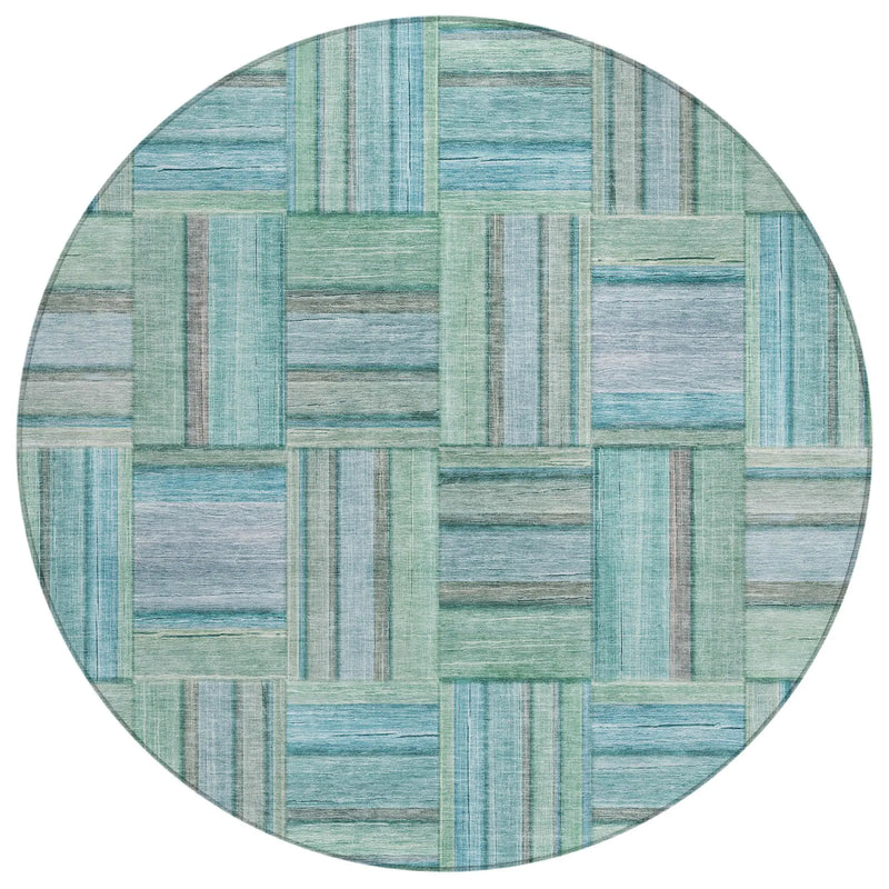 8' Teal Blue And Aqua Round Geometric Washable Indoor Outdoor Area Rug Homeroots Outdoor
