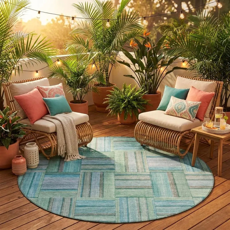 8' Teal Blue And Aqua Round Geometric Washable Indoor Outdoor Area Rug Homeroots Outdoor