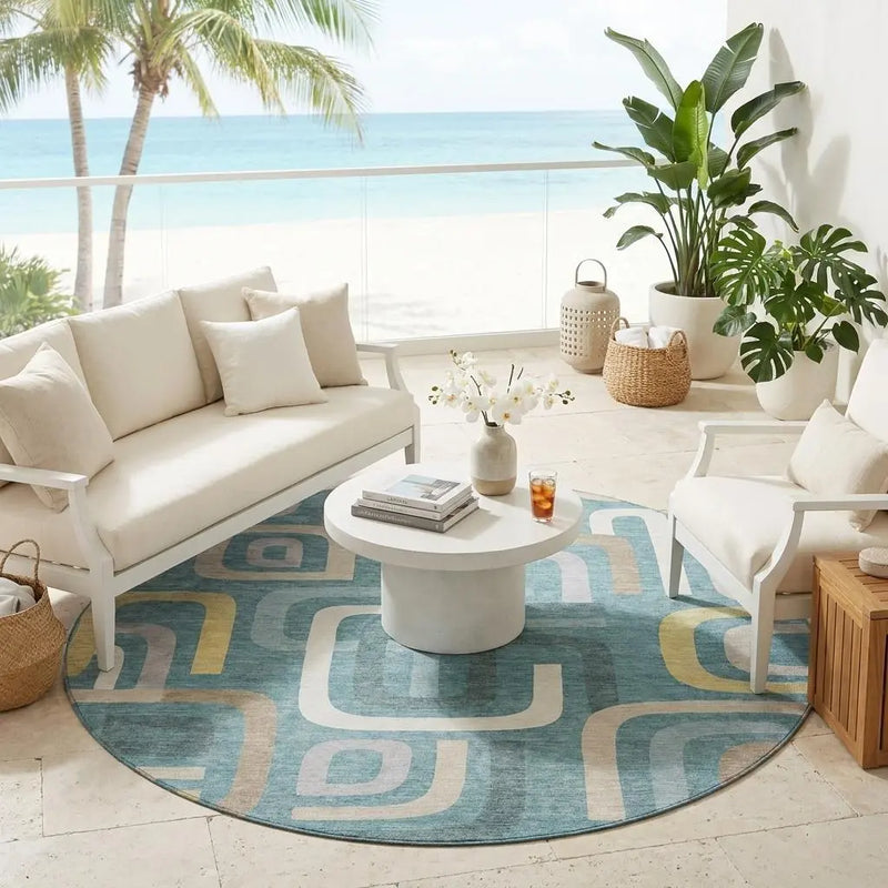 8' Teal Blue And Aqua Round Geometric Washable Indoor Outdoor Area Rug Homeroots Outdoor