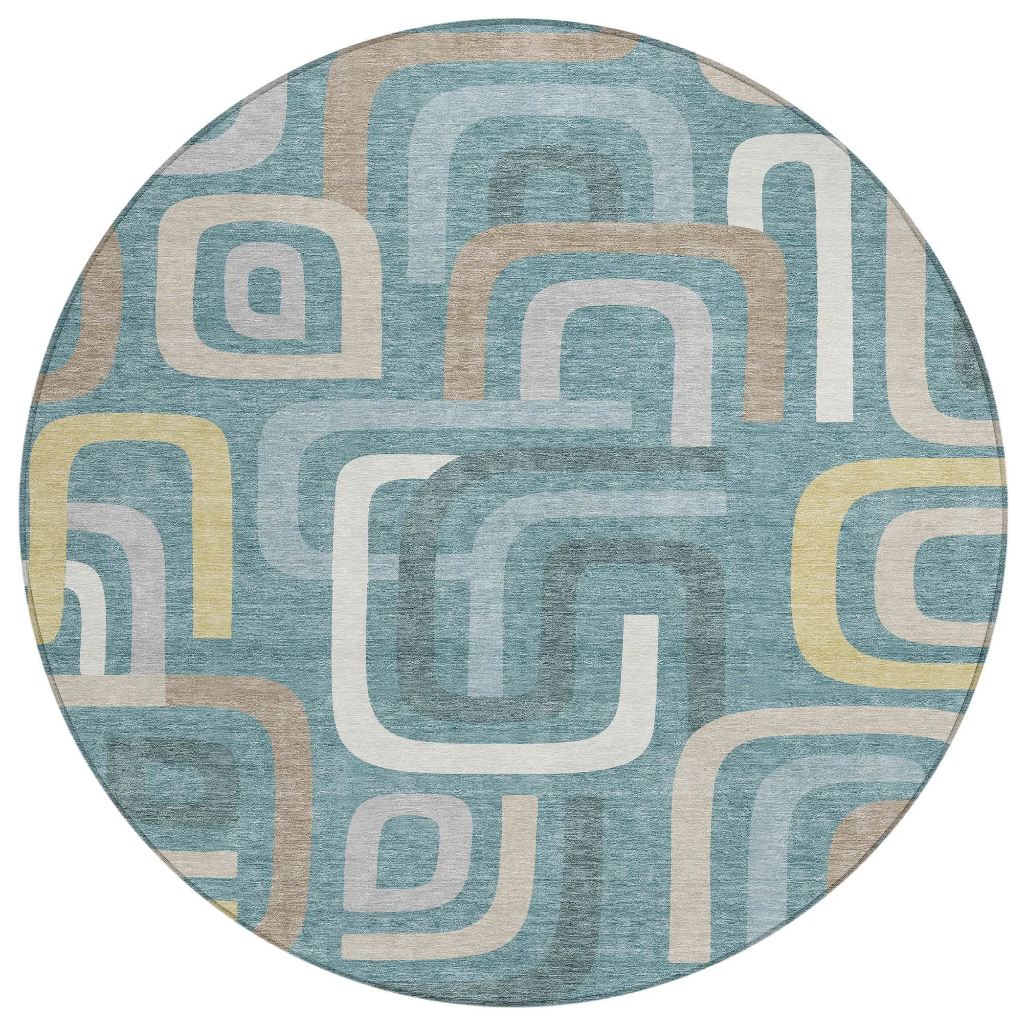 8' Teal Blue And Aqua Round Geometric Washable Indoor Outdoor Area Rug Homeroots Outdoor