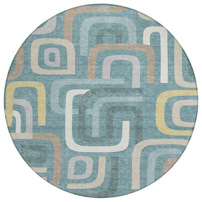 8' Teal Blue And Aqua Round Geometric Washable Indoor Outdoor Area Rug Homeroots Outdoor