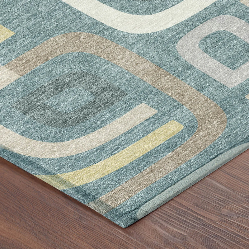 8' Teal Blue And Aqua Round Geometric Washable Indoor Outdoor Area Rug Homeroots Outdoor