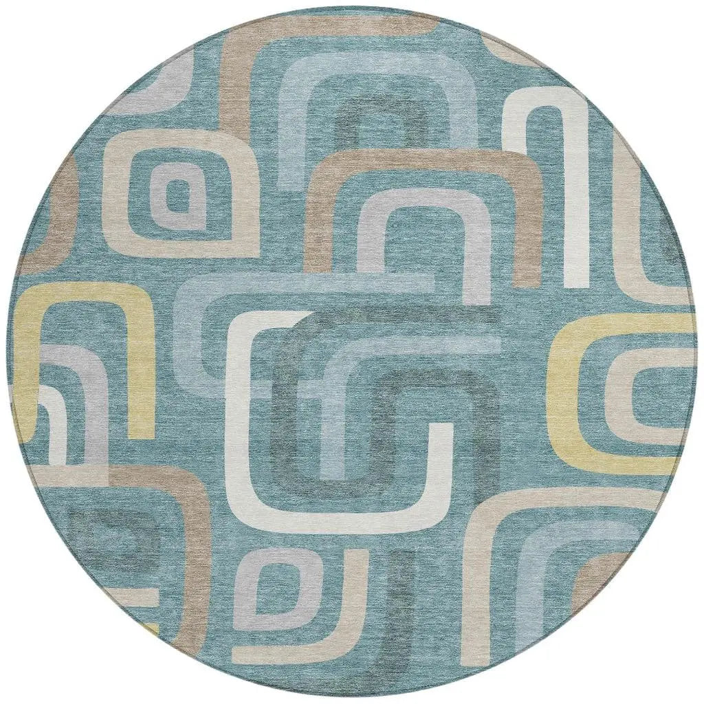 8' Teal Blue And Aqua Round Geometric Washable Indoor Outdoor Area Rug Homeroots Outdoor