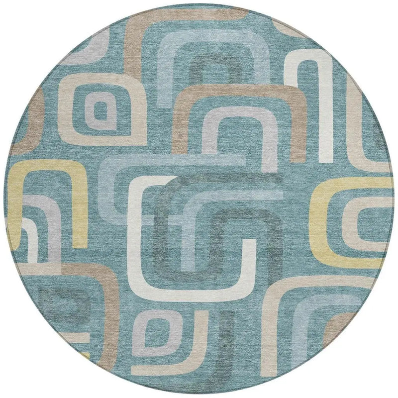 8' Teal Blue And Aqua Round Geometric Washable Indoor Outdoor Area Rug Homeroots Outdoor