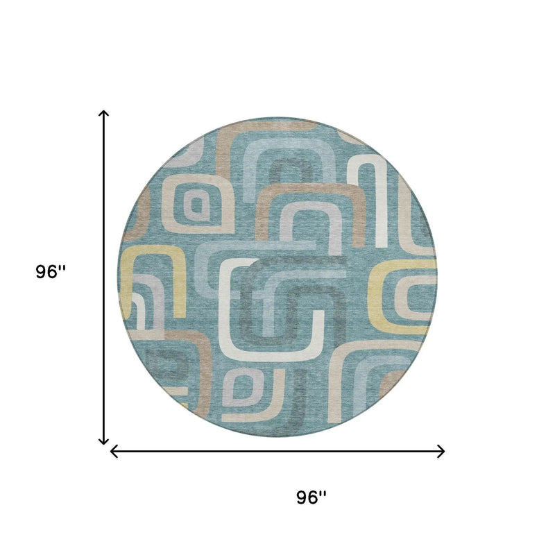 8' Teal Blue And Aqua Round Geometric Washable Indoor Outdoor Area Rug Homeroots Outdoor