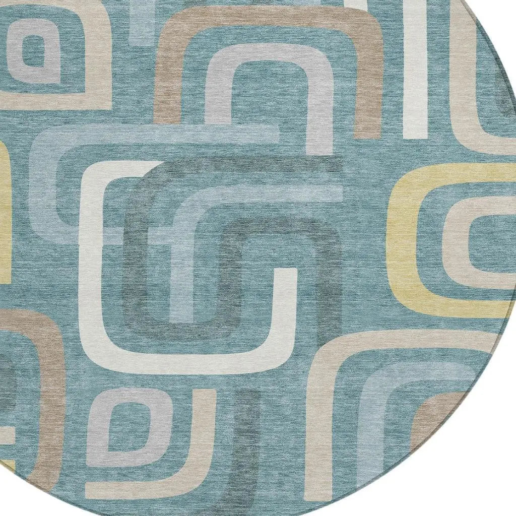 8' Teal Blue And Aqua Round Geometric Washable Indoor Outdoor Area Rug Homeroots Outdoor