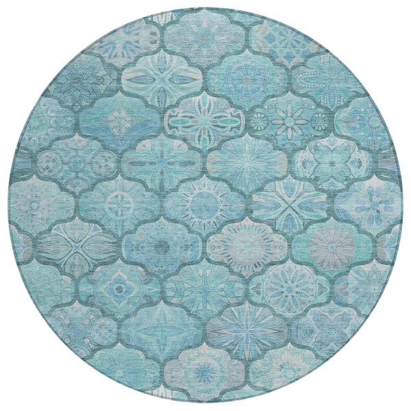 8' Teal Blue And Aqua Round Ogee Washable Indoor Outdoor Area Rug Homeroots Outdoor