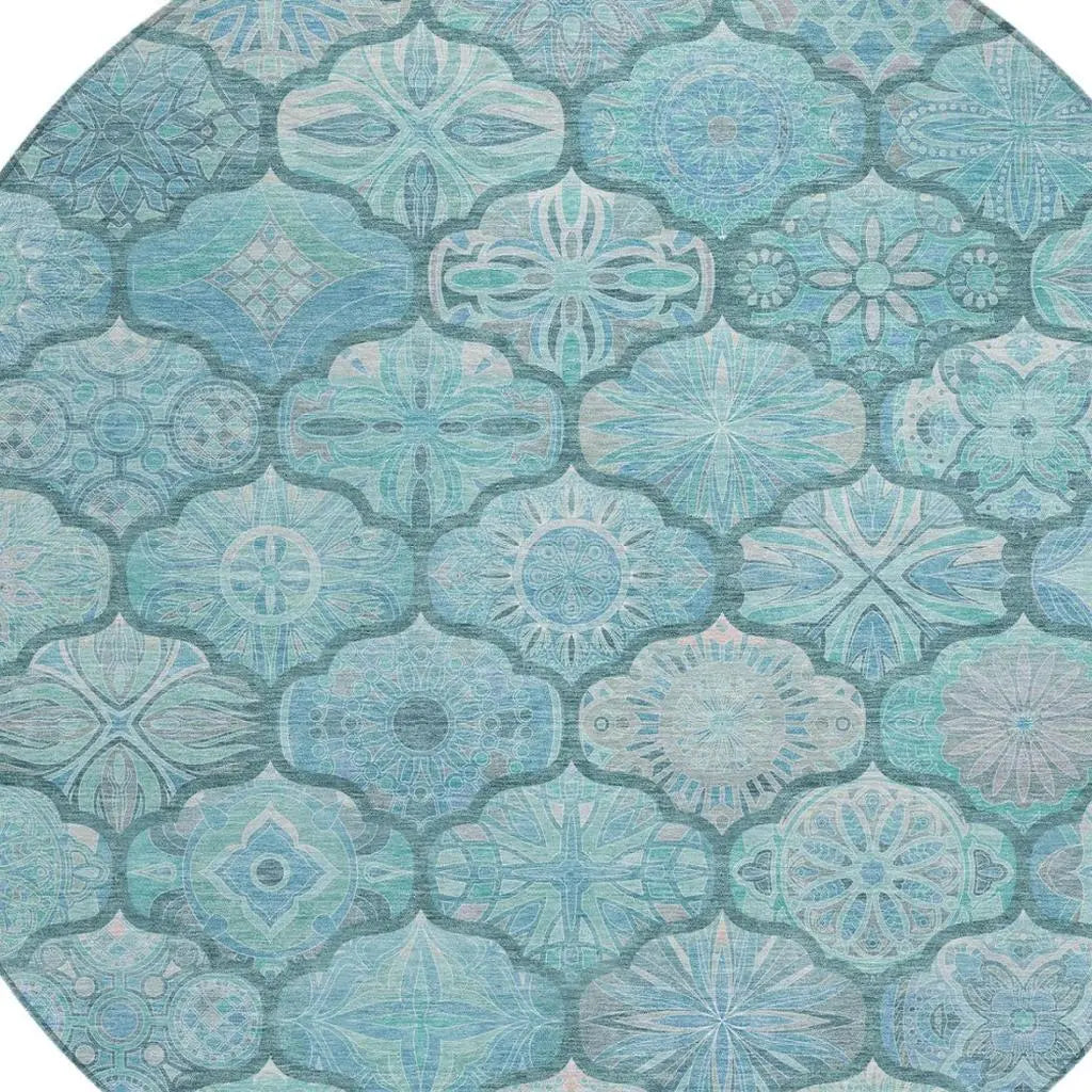 8' Teal Blue And Aqua Round Ogee Washable Indoor Outdoor Area Rug Homeroots Outdoor