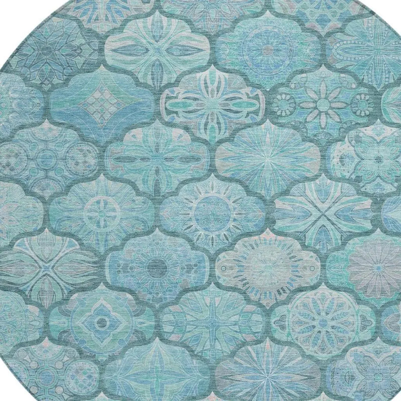 8' Teal Blue And Aqua Round Ogee Washable Indoor Outdoor Area Rug Homeroots Outdoor