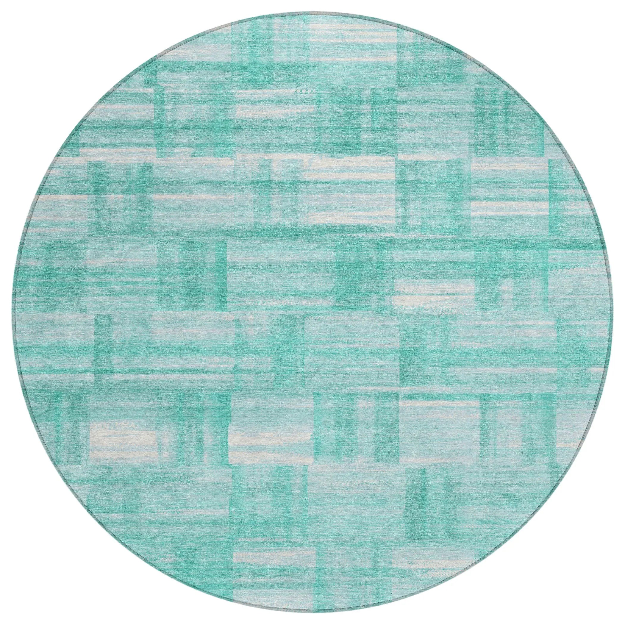 8' Teal Blue And Aqua Round Striped Washable Indoor Outdoor Area Rug Homeroots Outdoor