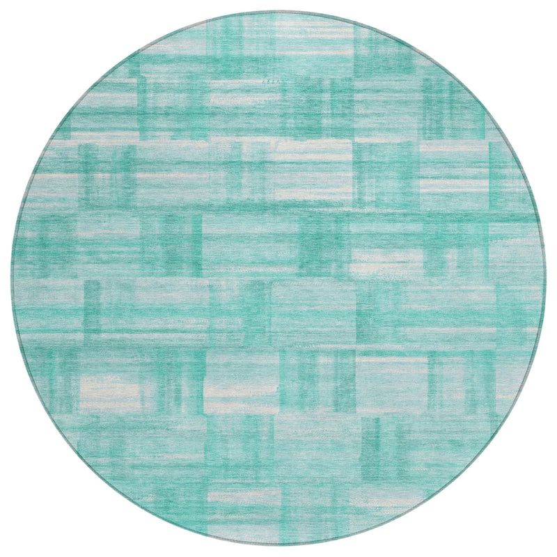 8' Teal Blue And Aqua Round Striped Washable Indoor Outdoor Area Rug Homeroots Outdoor