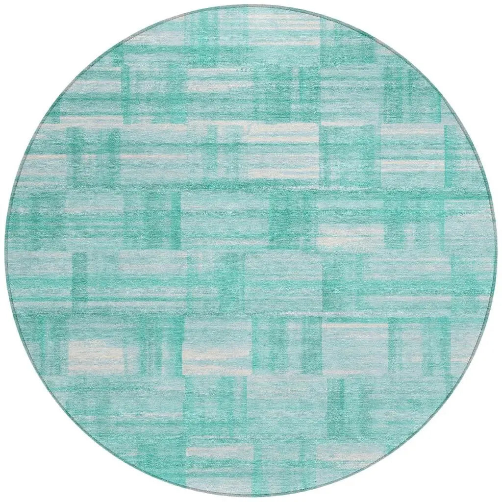 8' Teal Blue And Aqua Round Striped Washable Indoor Outdoor Area Rug Homeroots Outdoor