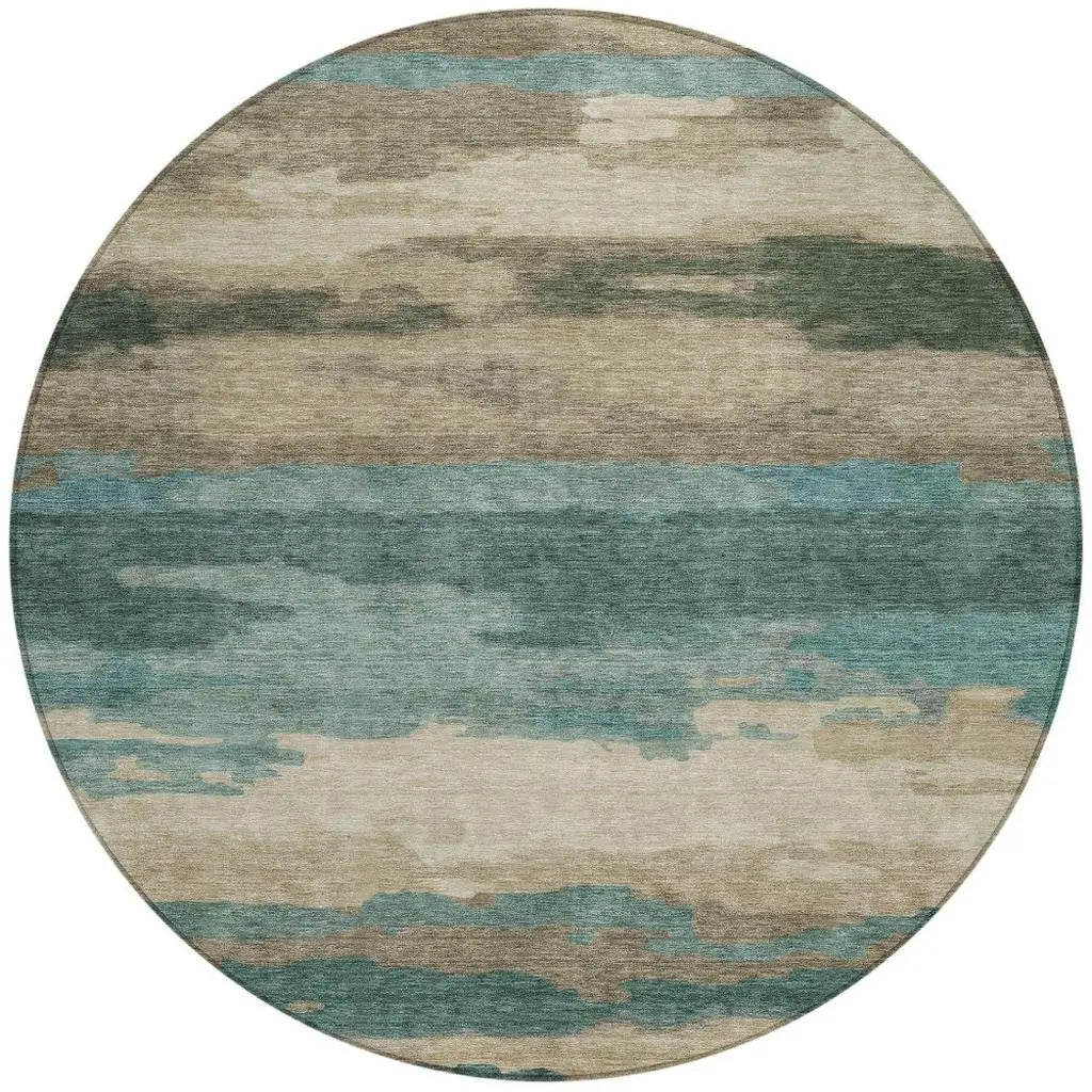 8' Teal Blue And Beige Round Abstract Washable Indoor Outdoor Area Rug Homeroots Outdoor