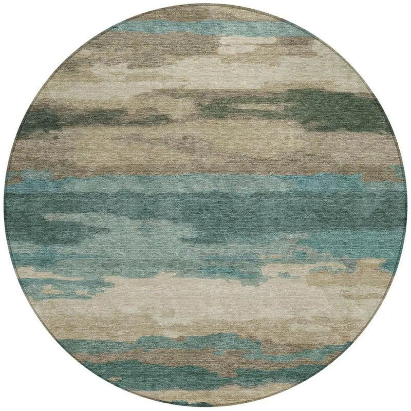 8' Teal Blue And Beige Round Abstract Washable Indoor Outdoor Area Rug Homeroots Outdoor