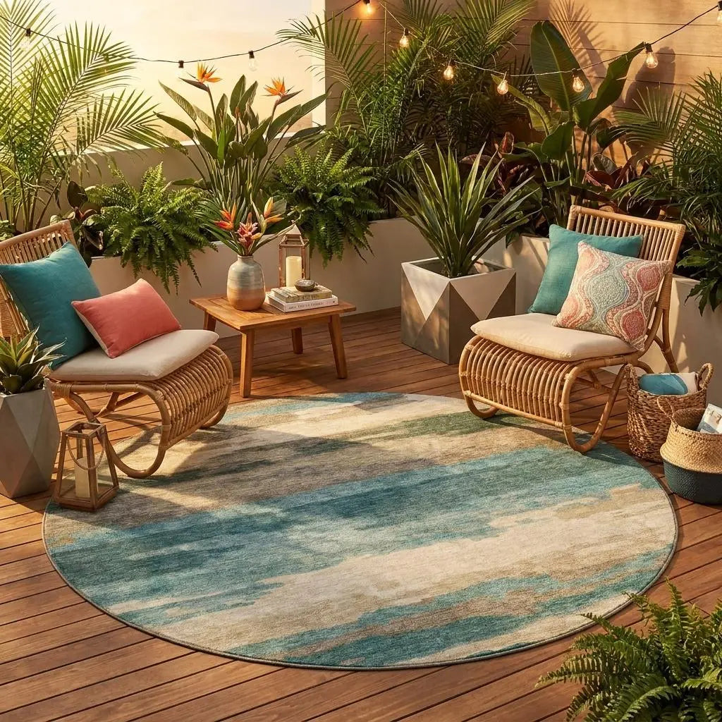8' Teal Blue And Beige Round Abstract Washable Indoor Outdoor Area Rug Homeroots Outdoor