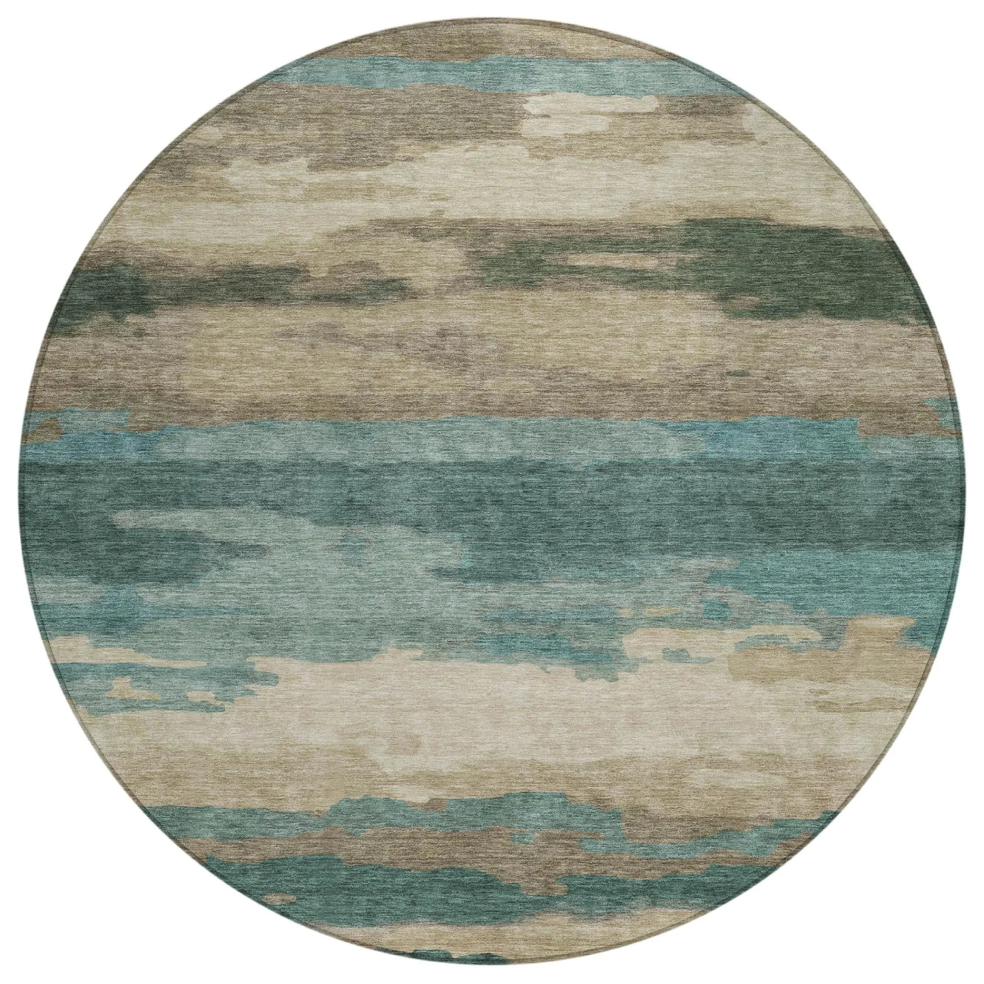 8' Teal Blue And Beige Round Abstract Washable Indoor Outdoor Area Rug Homeroots Outdoor