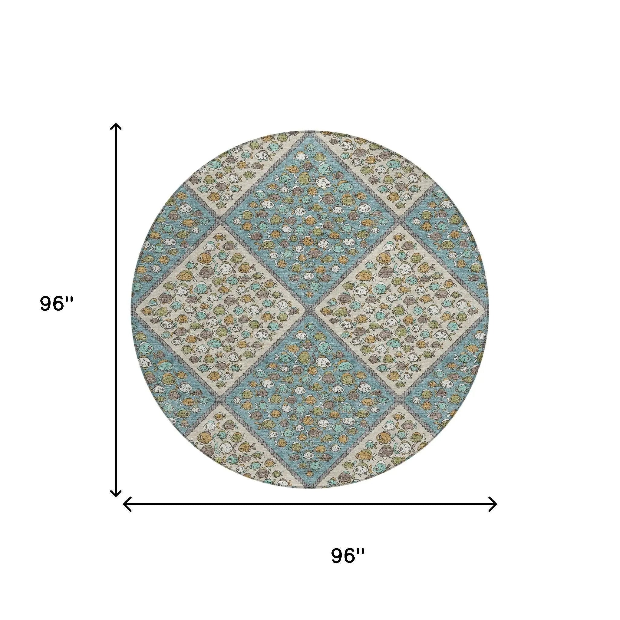 8' Teal Blue And Beige Round Abstract Washable Indoor Outdoor Area Rug Homeroots Outdoor