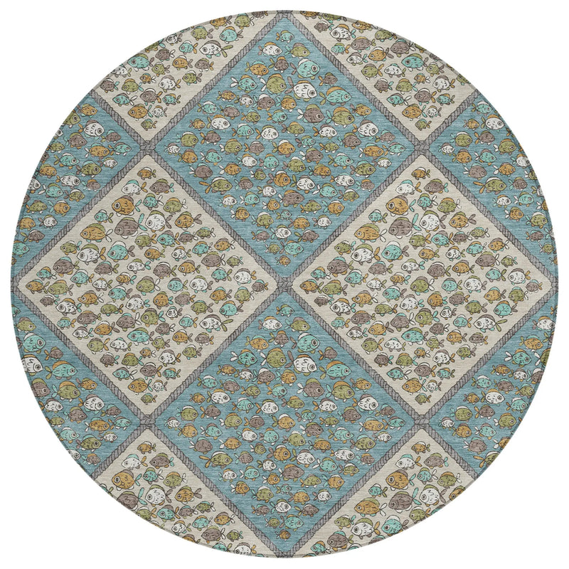 8' Teal Blue And Beige Round Abstract Washable Indoor Outdoor Area Rug Homeroots Outdoor