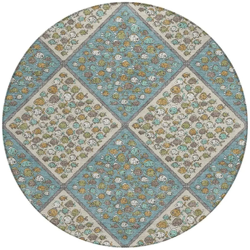 8' Teal Blue And Beige Round Abstract Washable Indoor Outdoor Area Rug Homeroots Outdoor