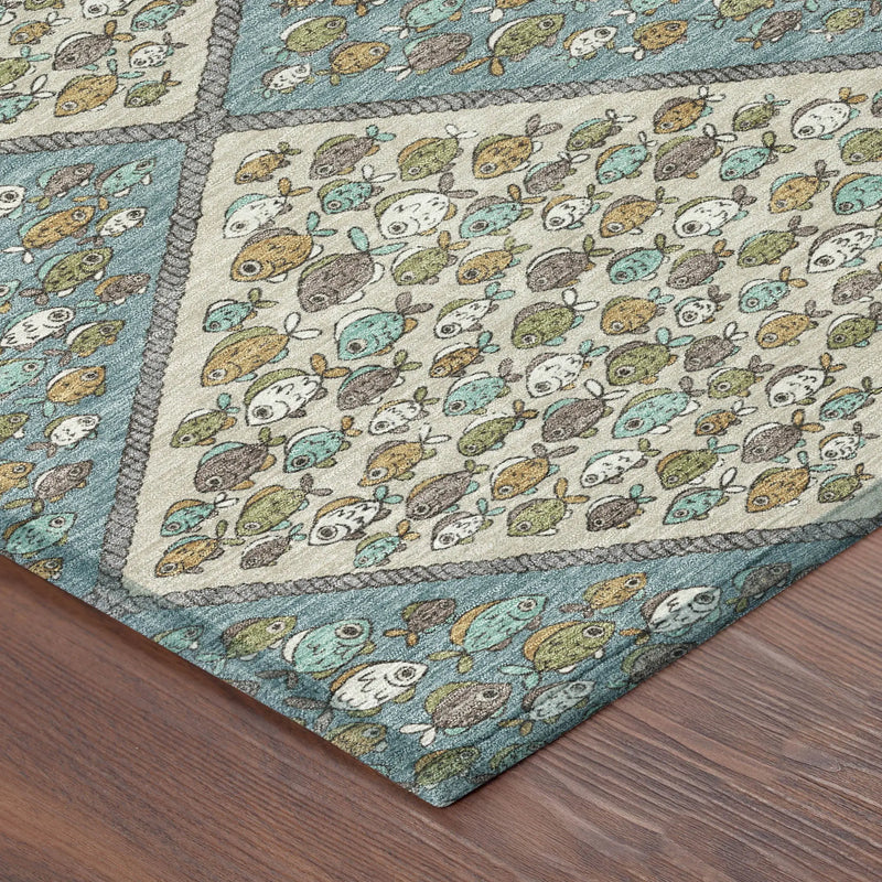 8' Teal Blue And Beige Round Abstract Washable Indoor Outdoor Area Rug Homeroots Outdoor