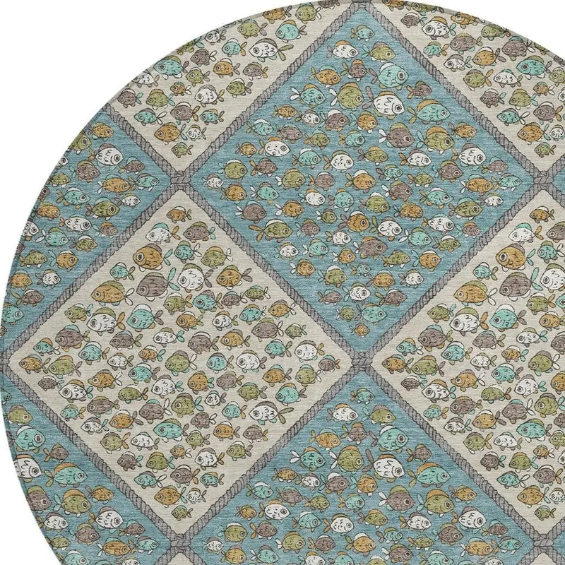 8' Teal Blue And Beige Round Abstract Washable Indoor Outdoor Area Rug Homeroots Outdoor
