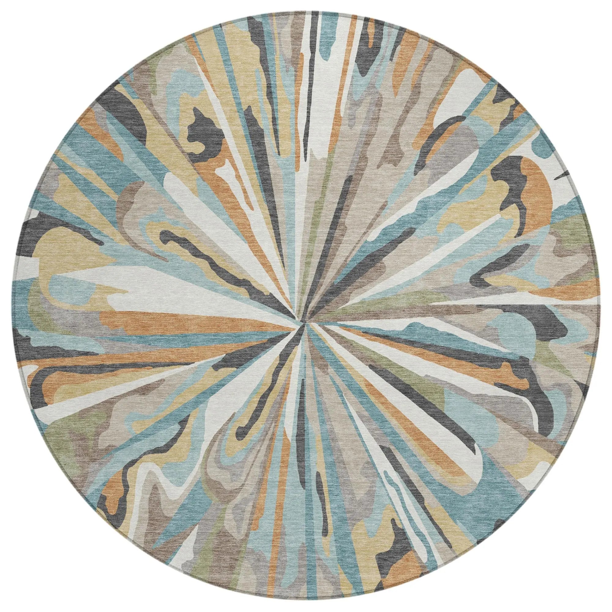 8' Teal Blue And Beige Round Abstract Washable Indoor Outdoor Area Rug Homeroots Outdoor