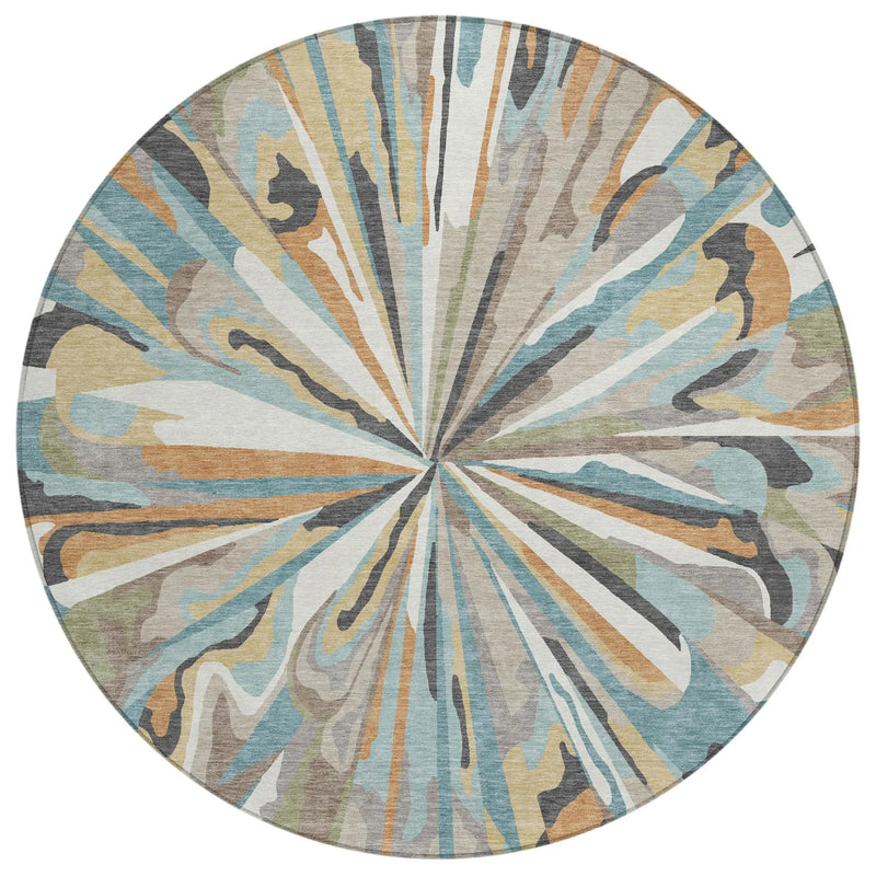 8' Teal Blue And Beige Round Abstract Washable Indoor Outdoor Area Rug Homeroots Outdoor