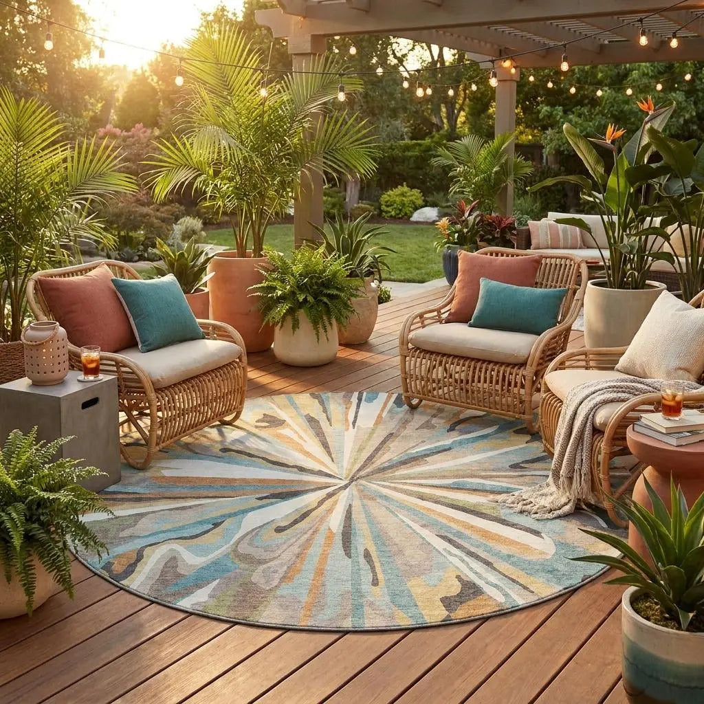 8' Teal Blue And Beige Round Abstract Washable Indoor Outdoor Area Rug Homeroots Outdoor
