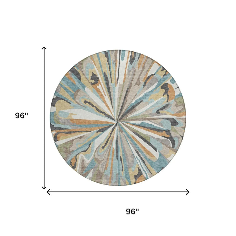 8' Teal Blue And Beige Round Abstract Washable Indoor Outdoor Area Rug Homeroots Outdoor