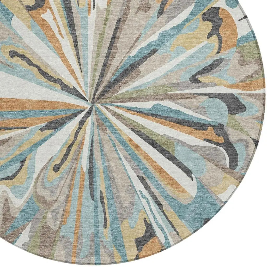 8' Teal Blue And Beige Round Abstract Washable Indoor Outdoor Area Rug Homeroots Outdoor