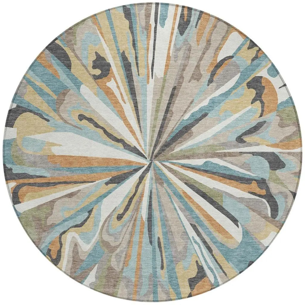 8' Teal Blue And Beige Round Abstract Washable Indoor Outdoor Area Rug Homeroots Outdoor
