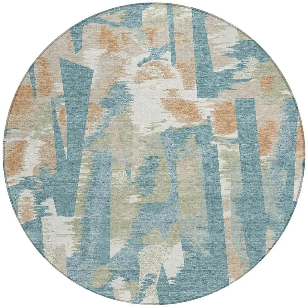 8' Teal Blue And Beige Round Abstract Washable Indoor Outdoor Area Rug Homeroots Outdoor