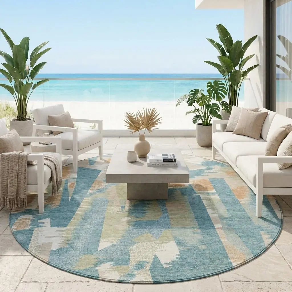 8' Teal Blue And Beige Round Abstract Washable Indoor Outdoor Area Rug Homeroots Outdoor