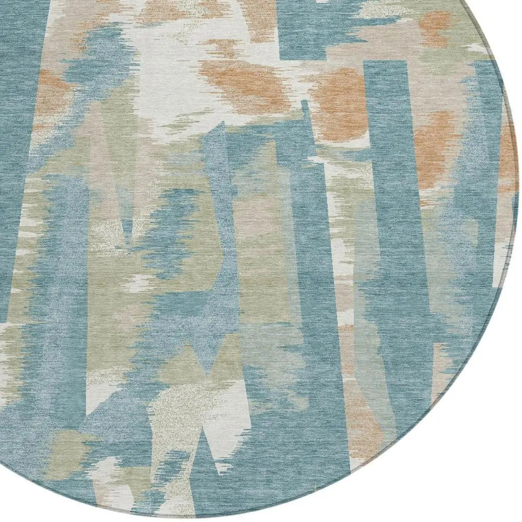 8' Teal Blue And Beige Round Abstract Washable Indoor Outdoor Area Rug Homeroots Outdoor