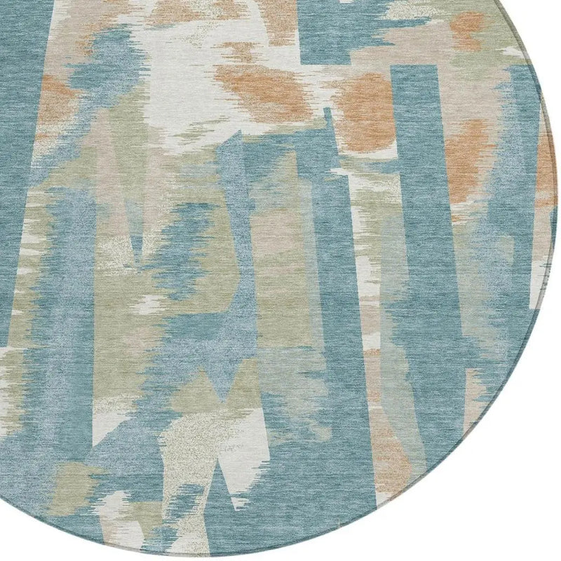 8' Teal Blue And Beige Round Abstract Washable Indoor Outdoor Area Rug Homeroots Outdoor