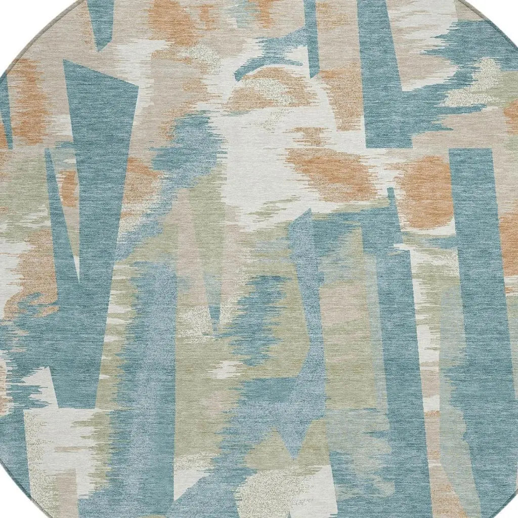 8' Teal Blue And Beige Round Abstract Washable Indoor Outdoor Area Rug Homeroots Outdoor