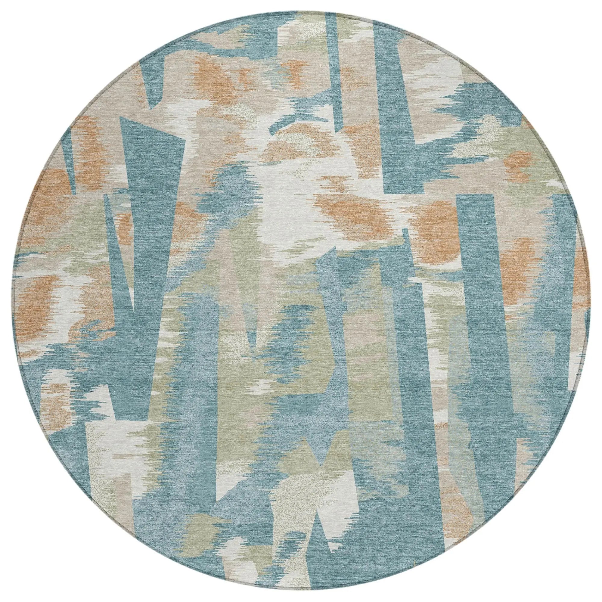 8' Teal Blue And Beige Round Abstract Washable Indoor Outdoor Area Rug Homeroots Outdoor