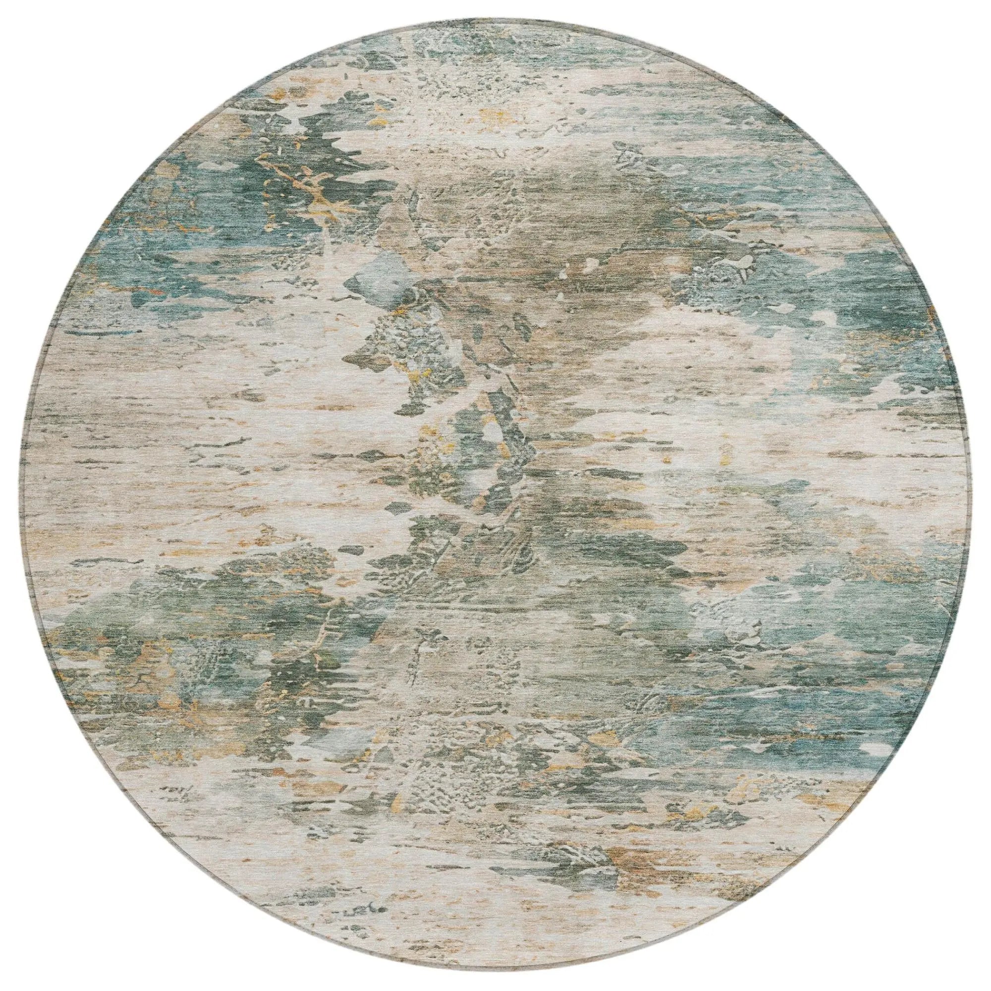 8' Teal Blue And Beige Round Abstract Washable Indoor Outdoor Area Rug Homeroots Outdoor