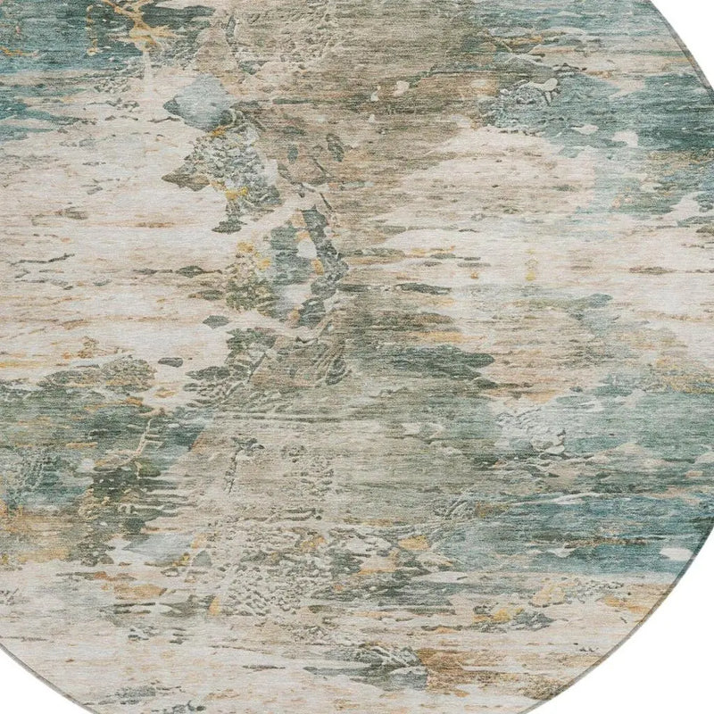8' Teal Blue And Beige Round Abstract Washable Indoor Outdoor Area Rug Homeroots Outdoor